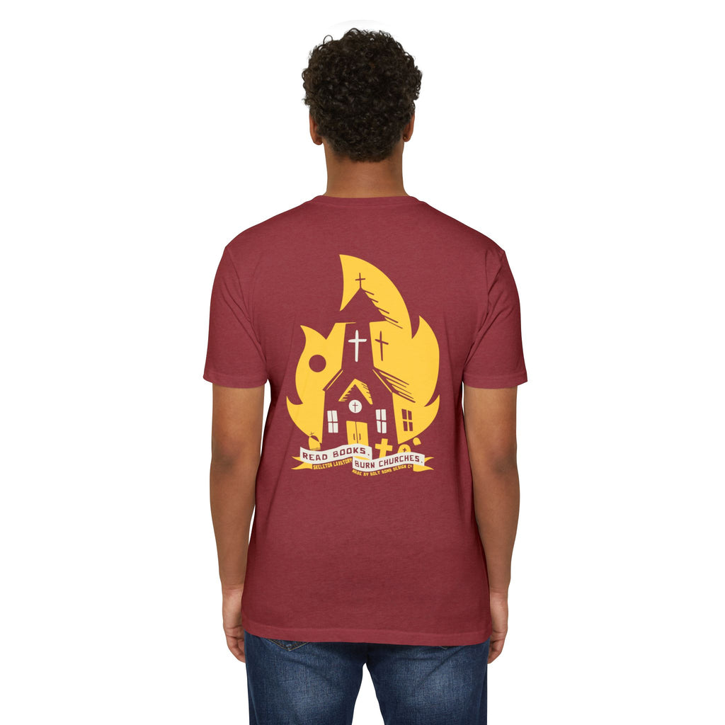 Read Books Burn Churches Graphic Tee | Vintage Metal Burning Church T-Shirt, Next Level 6210 Premium Top, Goth Punk Rock Streetwear