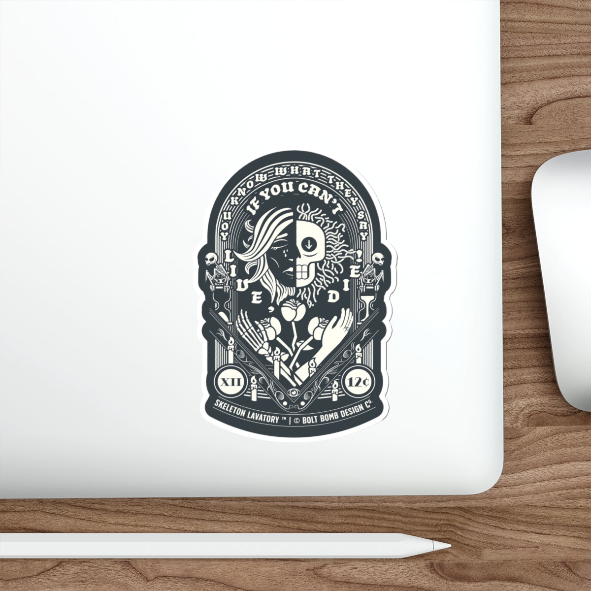 "If You Can't Live, Die" Gothic Tarot Card Vinyl Sticker - Memento Mori Split Face Skull & Occult Art Die-Cut Decal