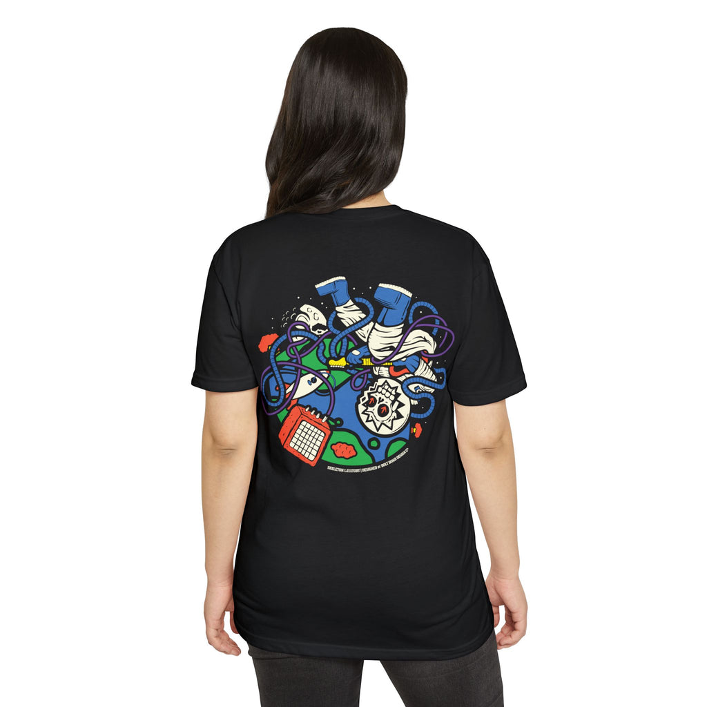 Rock n' Roll Won't Save The World | Retro Space Skeleton Graphic Tee | Next Level 6210 Premium CVC T-Shirt | Spooky Astronaut Aesthetic Heavyweight Streetwear Back Print Top