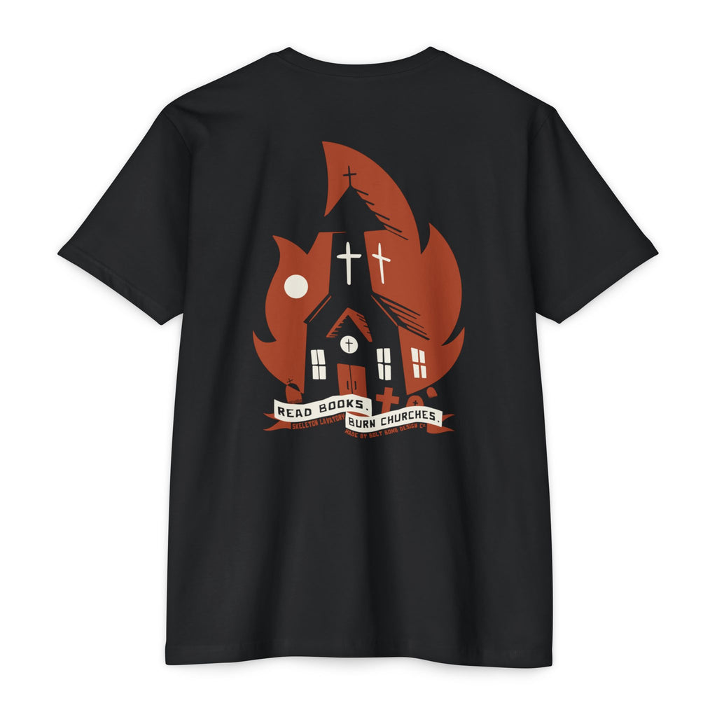 Read Books Burn Churches Graphic Tee | Vintage Metal Burning Church T-Shirt, Next Level 6210 Premium Top, Goth Punk Rock Streetwear