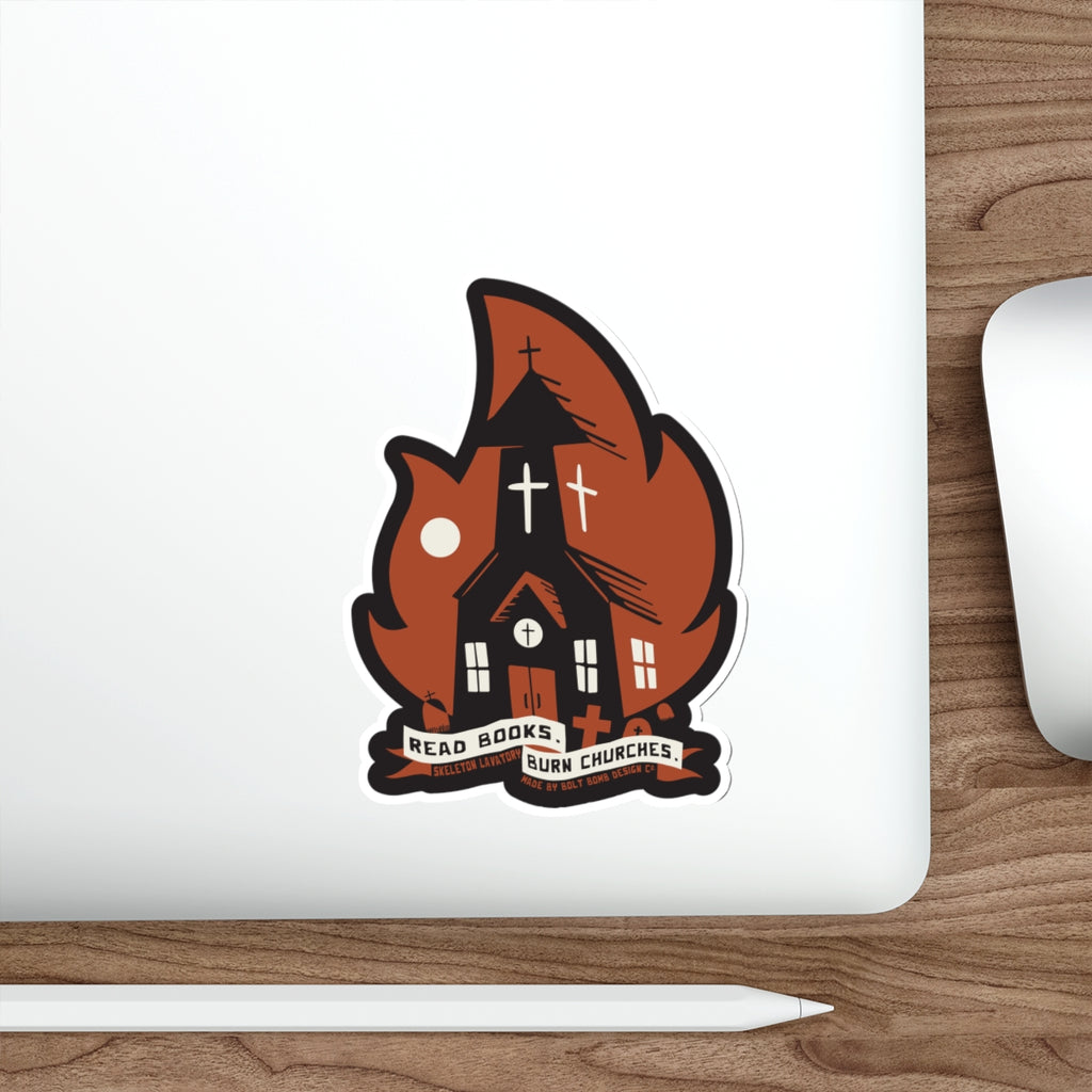 "Read Books, Burn Churches" Gothic Vinyl Sticker - Edgy Metal Burning Church Subversive Die-Cut Decal