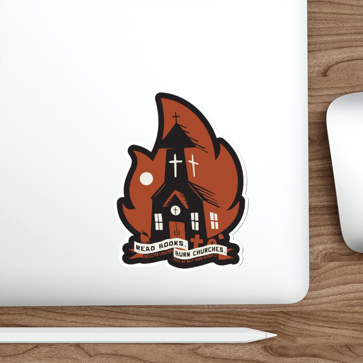 "Read Books, Burn Churches" Gothic Vinyl Sticker - Edgy Metal Burning Church Subversive Die-Cut Decal