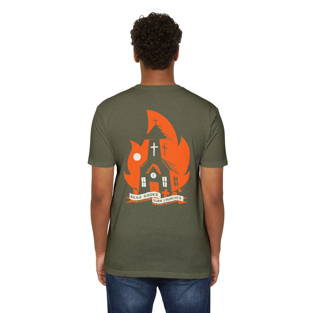 Read Books Burn Churches Graphic Tee | Vintage Metal Burning Church T-Shirt, Next Level 6210 Premium Top, Goth Punk Rock Streetwear