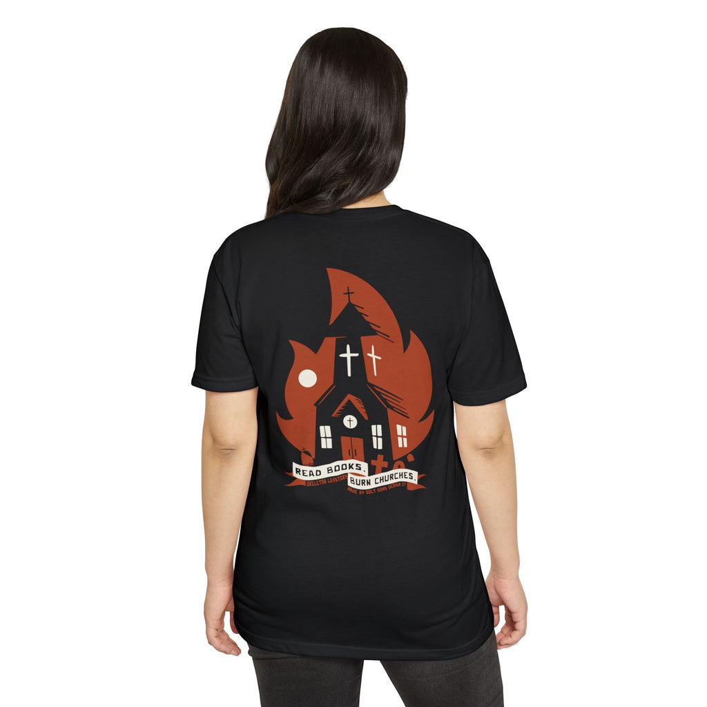 Read Books Burn Churches Graphic Tee | Vintage Metal Burning Church T-Shirt, Next Level 6210 Premium Top, Goth Punk Rock Streetwear