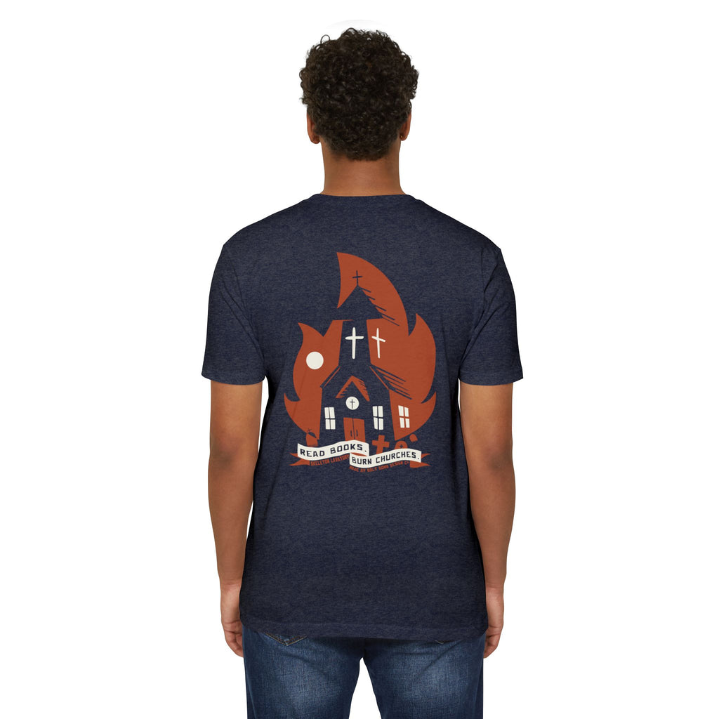 Read Books Burn Churches Graphic Tee | Vintage Metal Burning Church T-Shirt, Next Level 6210 Premium Top, Goth Punk Rock Streetwear