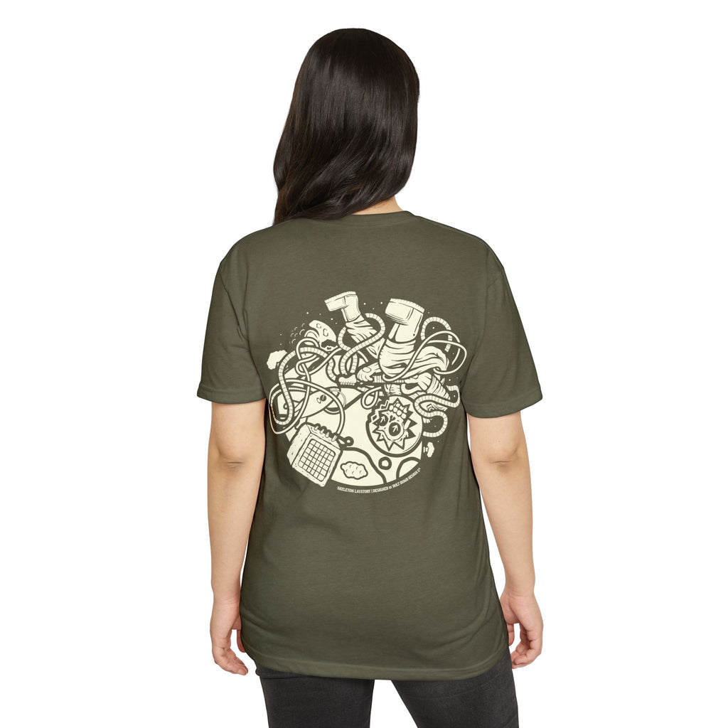 Rock n' Roll Won't Save The World | Retro Space Skeleton Graphic Tee | Next Level 6210 Premium CVC T-Shirt | Spooky Astronaut Aesthetic Heavyweight Streetwear Back Print Top