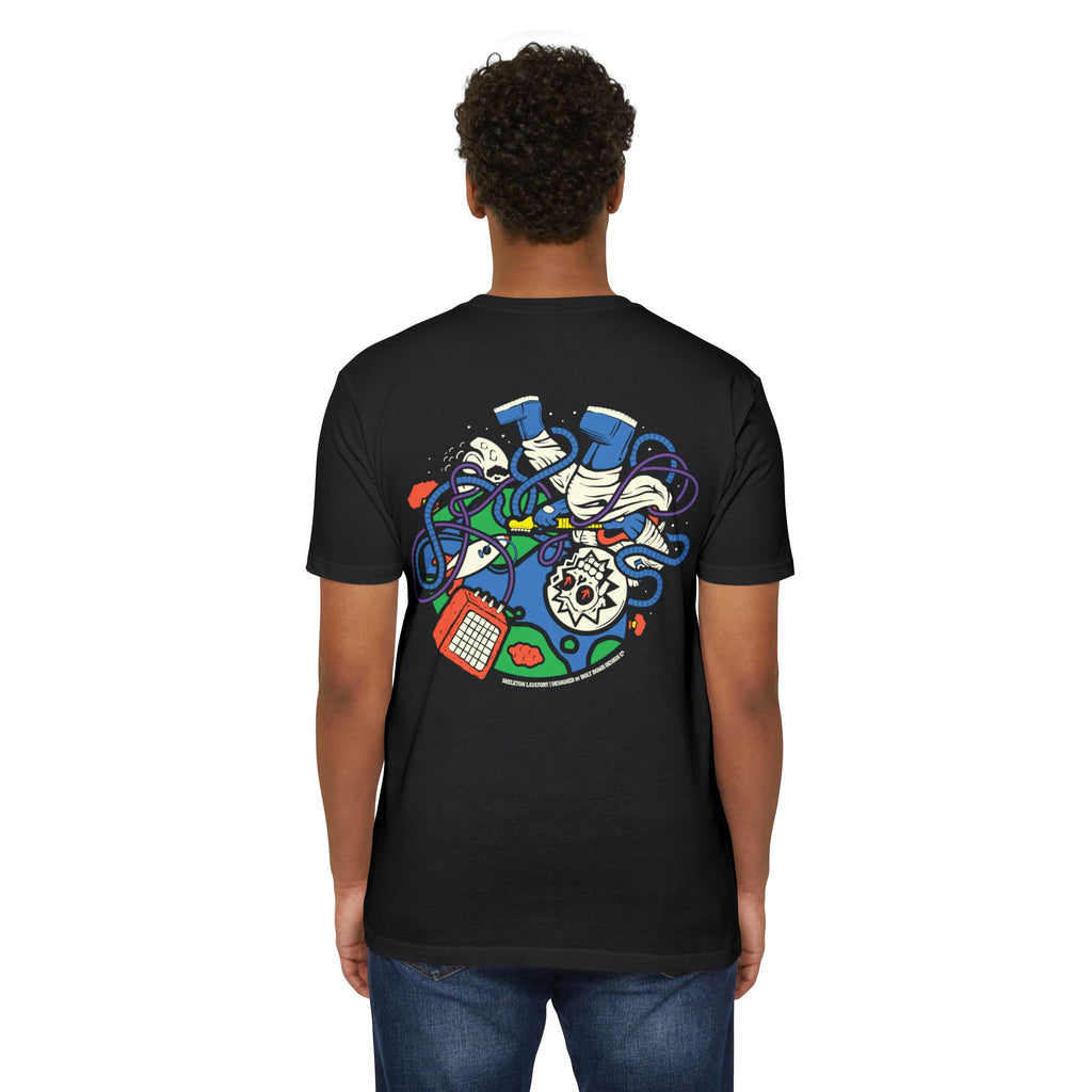 Rock n' Roll Won't Save The World | Retro Space Skeleton Graphic Tee | Next Level 6210 Premium CVC T-Shirt | Spooky Astronaut Aesthetic Heavyweight Streetwear Back Print Top