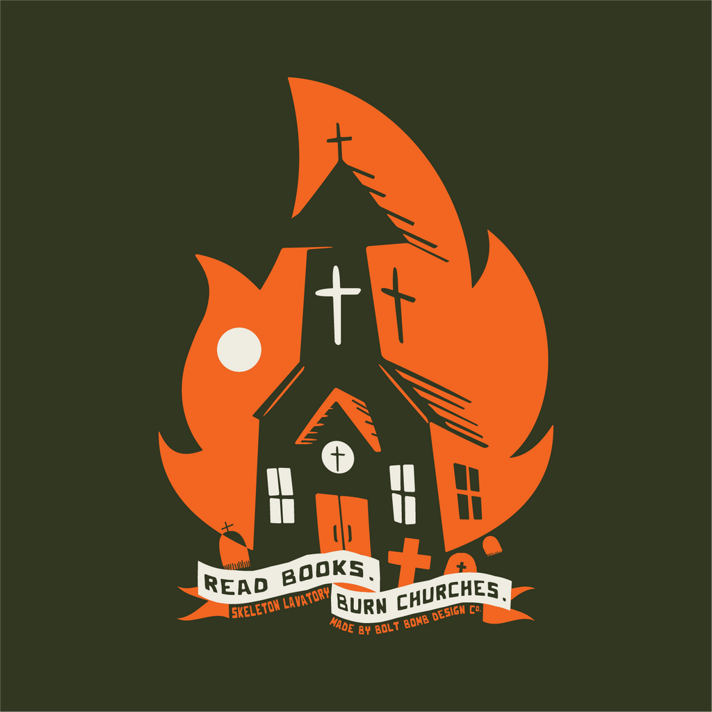 Read Books Burn Churches Graphic Tee | Vintage Metal Burning Church T-Shirt, Next Level 6210 Premium Top, Goth Punk Rock Streetwear
