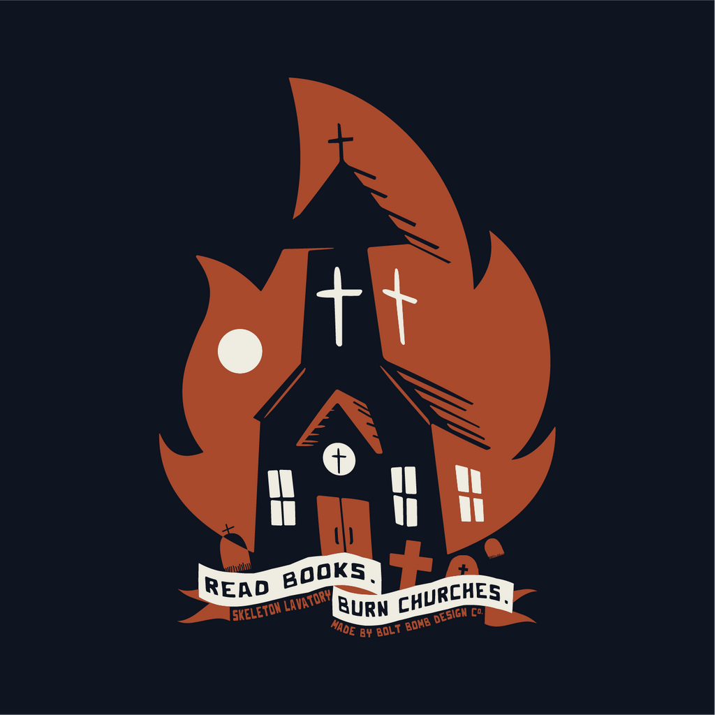 Read Books Burn Churches Graphic Tee | Vintage Metal Burning Church T-Shirt, Next Level 6210 Premium Top, Goth Punk Rock Streetwear