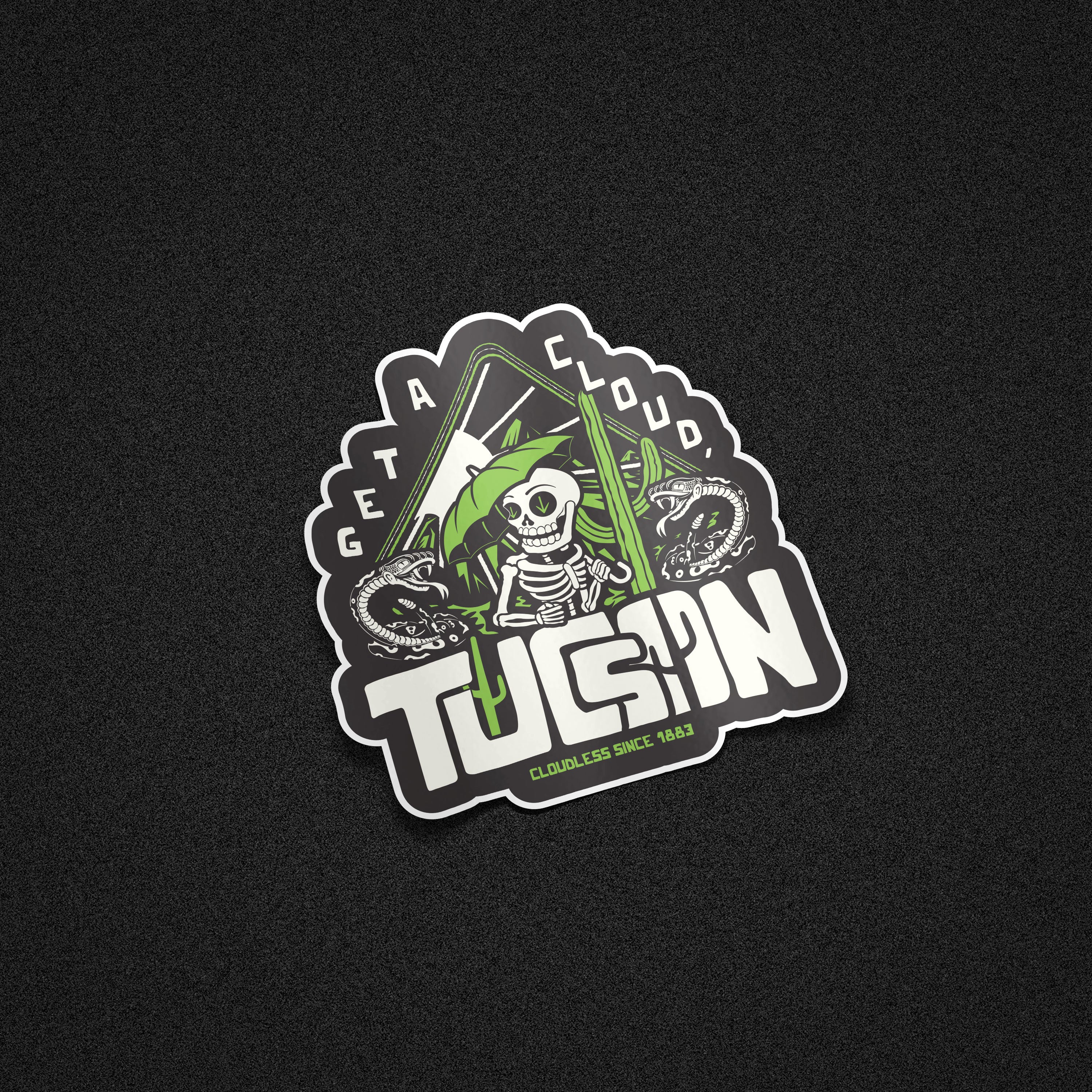 "Get A Cloud" Tucson Arizona Desert Skeleton 5" Vinyl Sticker - Cactus Green on Black - Funny Cactus & Rattlesnake Die-Cut Decal