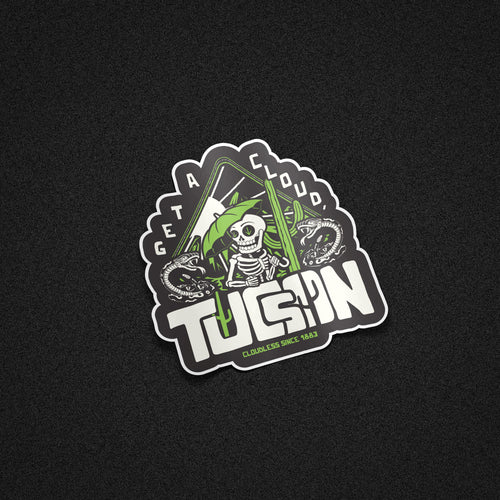"Get A Cloud" Tucson Arizona Desert Skeleton 5" Vinyl Sticker - Cactus Green on Black - Funny Cactus & Rattlesnake Die-Cut Decal