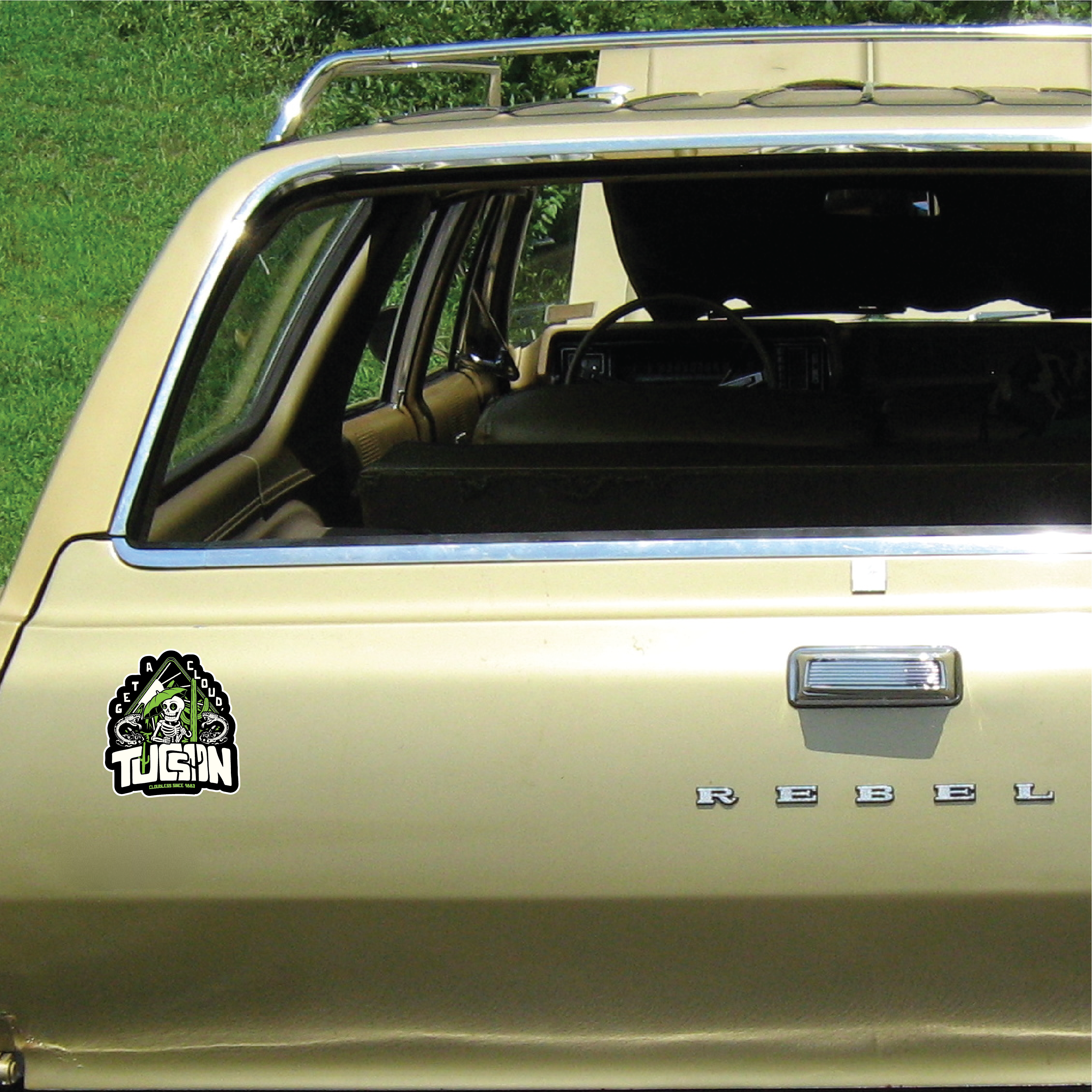 "Get A Cloud" Tucson Arizona Desert Skeleton 5" Vinyl Sticker - Cactus Green on Black - Funny Cactus & Rattlesnake Die-Cut Decal