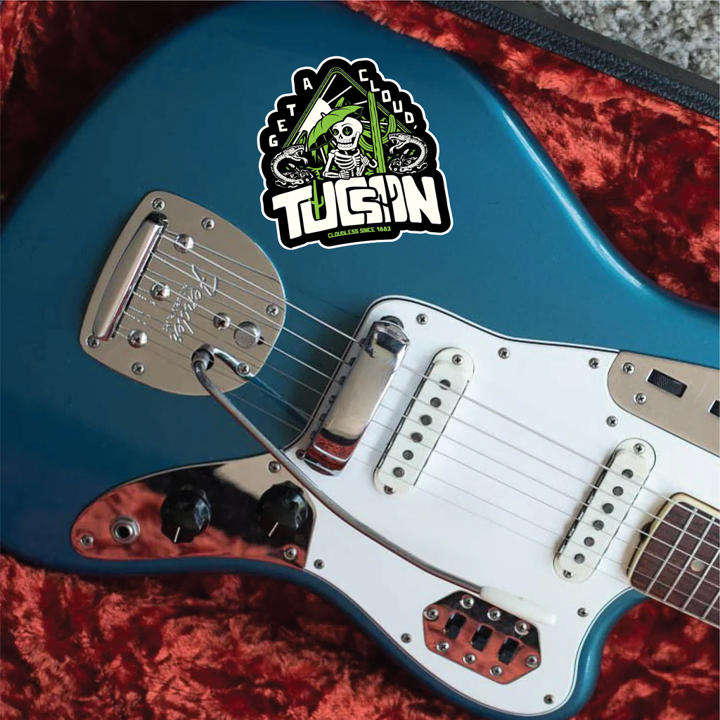 "Get A Cloud" Tucson Arizona Desert Skeleton 5" Vinyl Sticker - Cactus Green on Black - Funny Cactus & Rattlesnake Die-Cut Decal