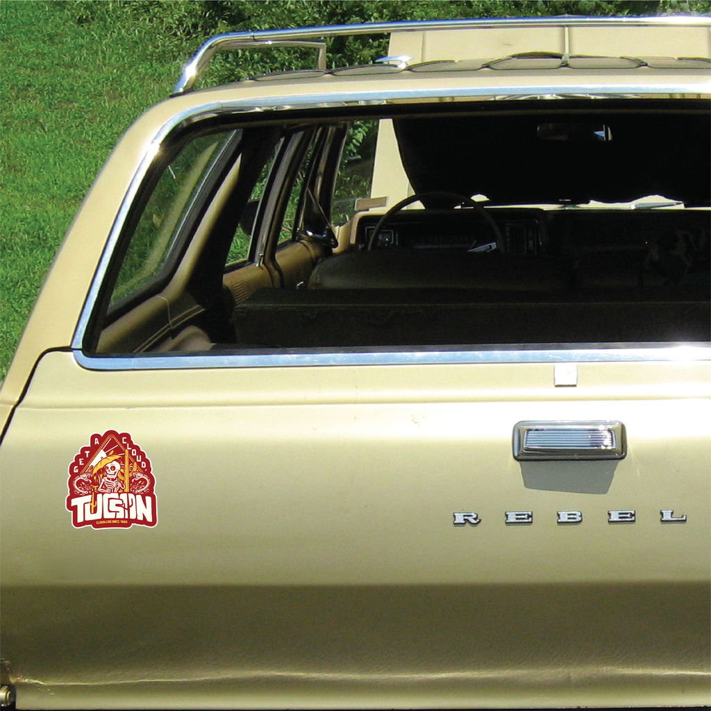 "Get A Cloud, Tucson" Arizona Desert Skeleton 5" Vinyl Sticker - Gold on Cardinal Red - Funny Cactus & Rattlesnake Die-Cut Decal