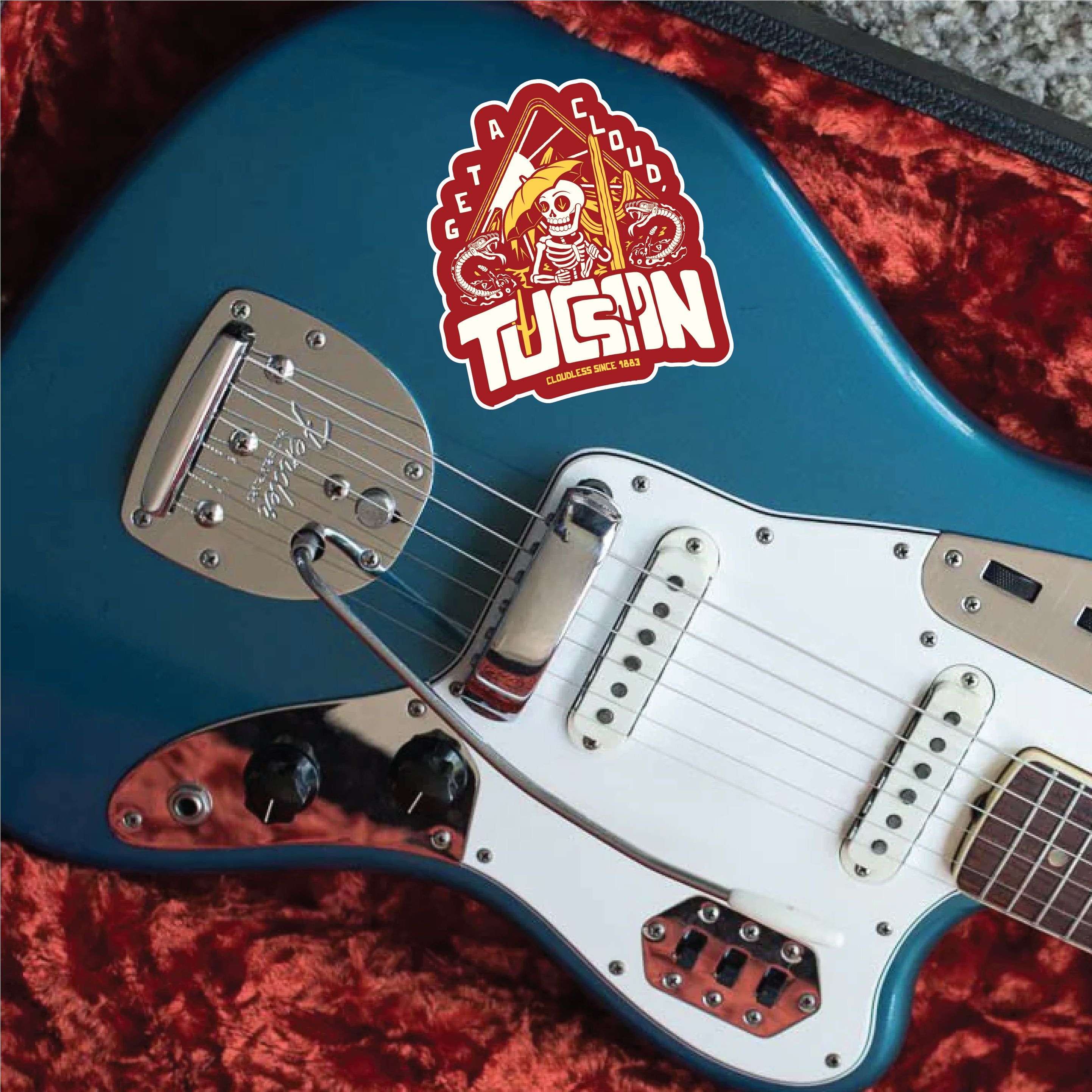 "Get A Cloud, Tucson" Arizona Desert Skeleton 5" Vinyl Sticker - Gold on Cardinal Red - Funny Cactus & Rattlesnake Die-Cut Decal