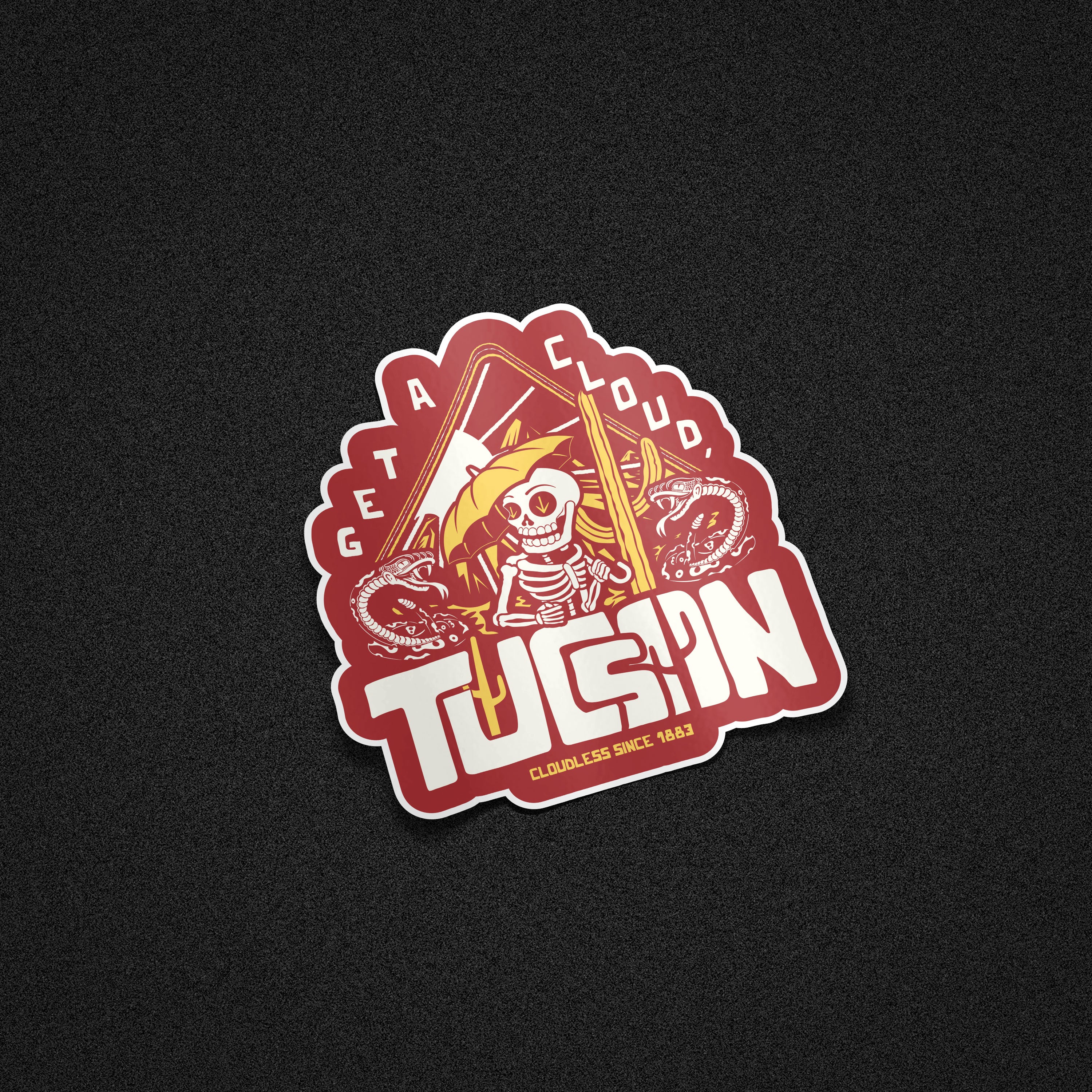 "Get A Cloud, Tucson" Arizona Desert Skeleton 5" Vinyl Sticker - Gold on Cardinal Red - Funny Cactus & Rattlesnake Die-Cut Decal
