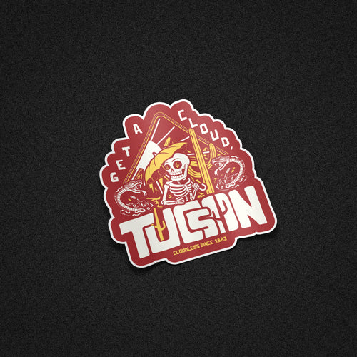 "Get A Cloud, Tucson" Arizona Desert Skeleton 5" Vinyl Sticker - Gold on Cardinal Red - Funny Cactus & Rattlesnake Die-Cut Decal