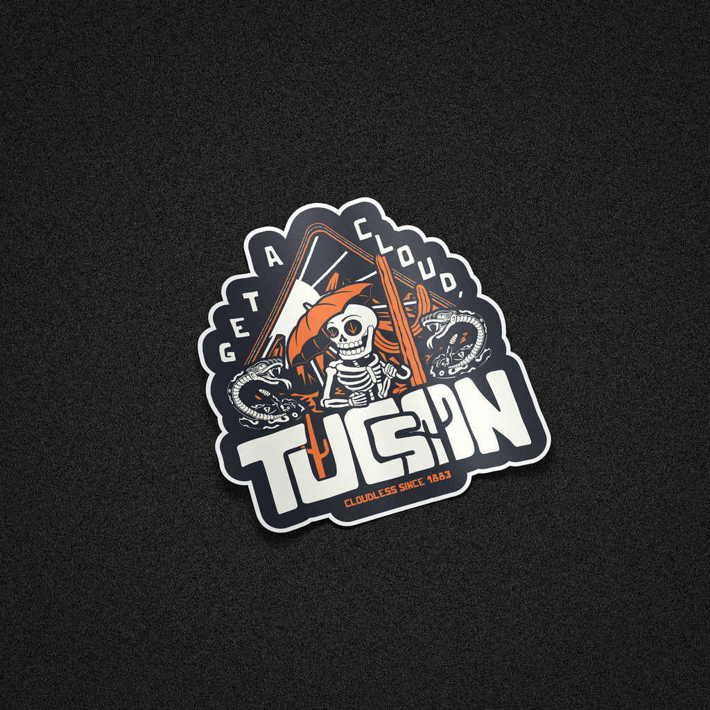 "Get A Cloud, Tucson" Arizona Desert Skeleton 5" Vinyl Sticker - Orange on Midnight Blue - Funny Cactus & Rattlesnake Die-Cut Decal