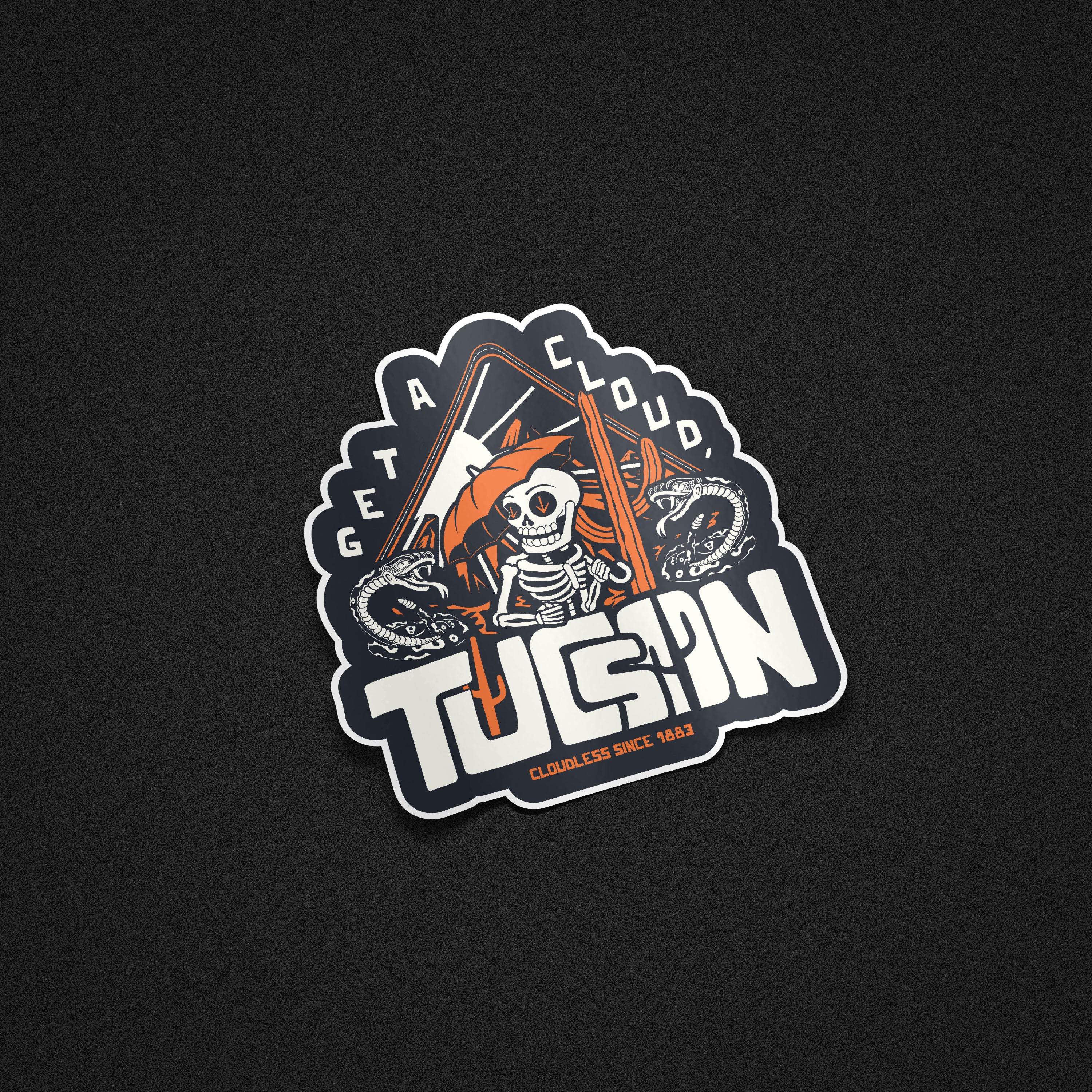 "Get A Cloud, Tucson" Arizona Desert Skeleton 5" Vinyl Sticker - Orange on Midnight Blue - Funny Cactus & Rattlesnake Die-Cut Decal