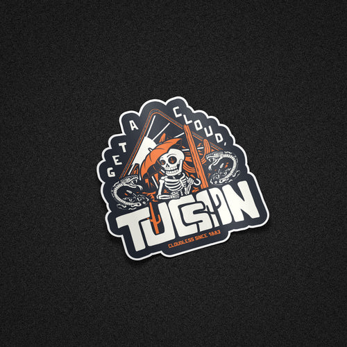 "Get A Cloud, Tucson" Arizona Desert Skeleton 5" Vinyl Sticker - Orange on Midnight Blue - Funny Cactus & Rattlesnake Die-Cut Decal