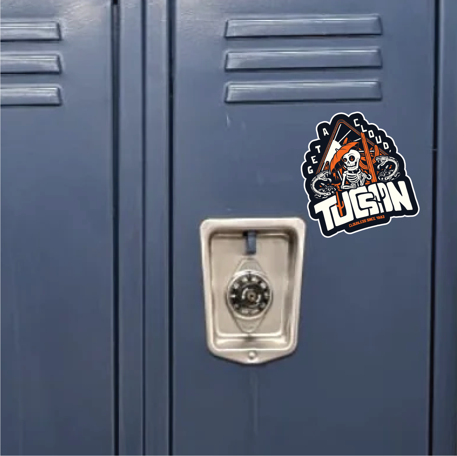 "Get A Cloud, Tucson" Arizona Desert Skeleton 5" Vinyl Sticker - Orange on Midnight Blue - Funny Cactus & Rattlesnake Die-Cut Decal