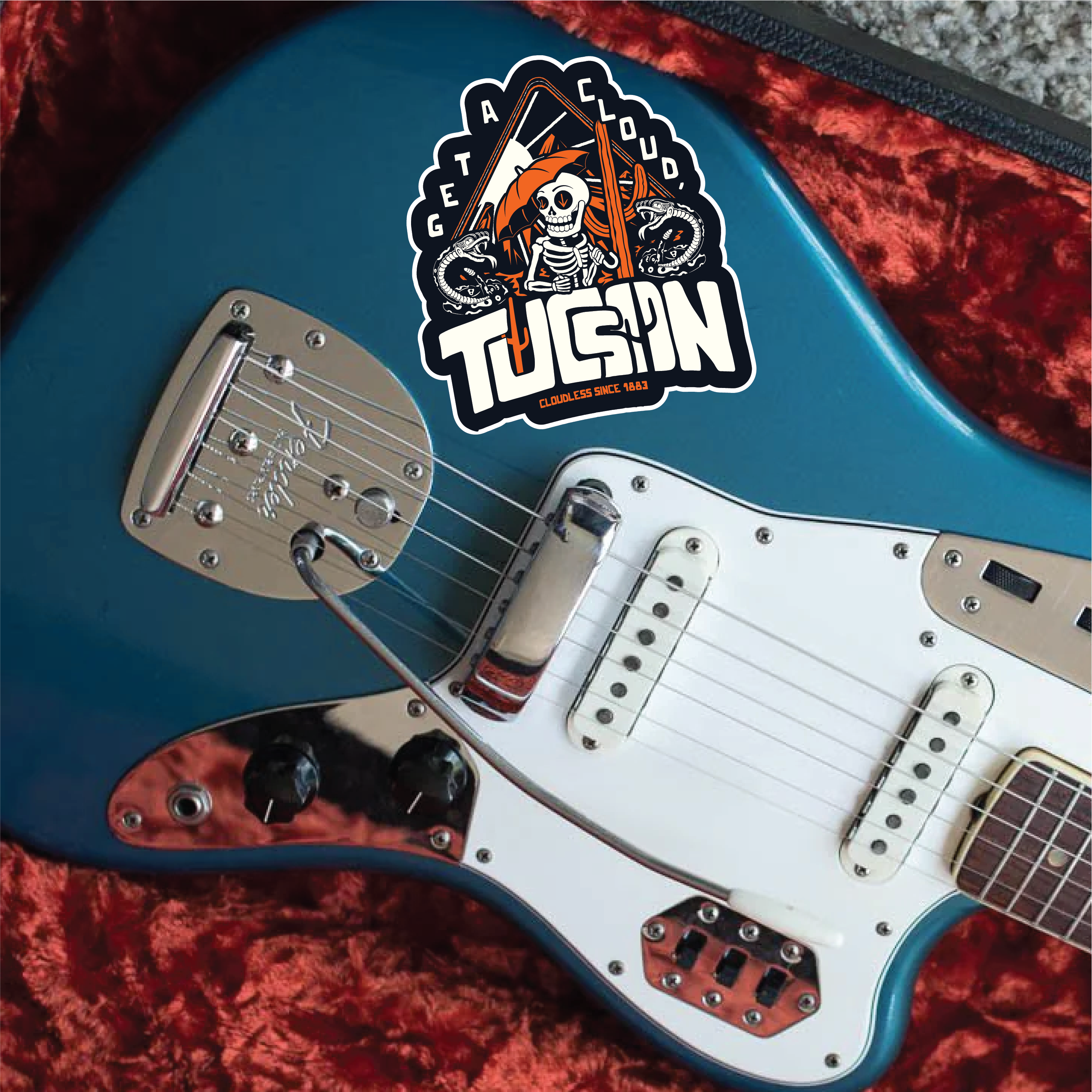 "Get A Cloud, Tucson" Arizona Desert Skeleton 5" Vinyl Sticker - Orange on Midnight Blue - Funny Cactus & Rattlesnake Die-Cut Decal