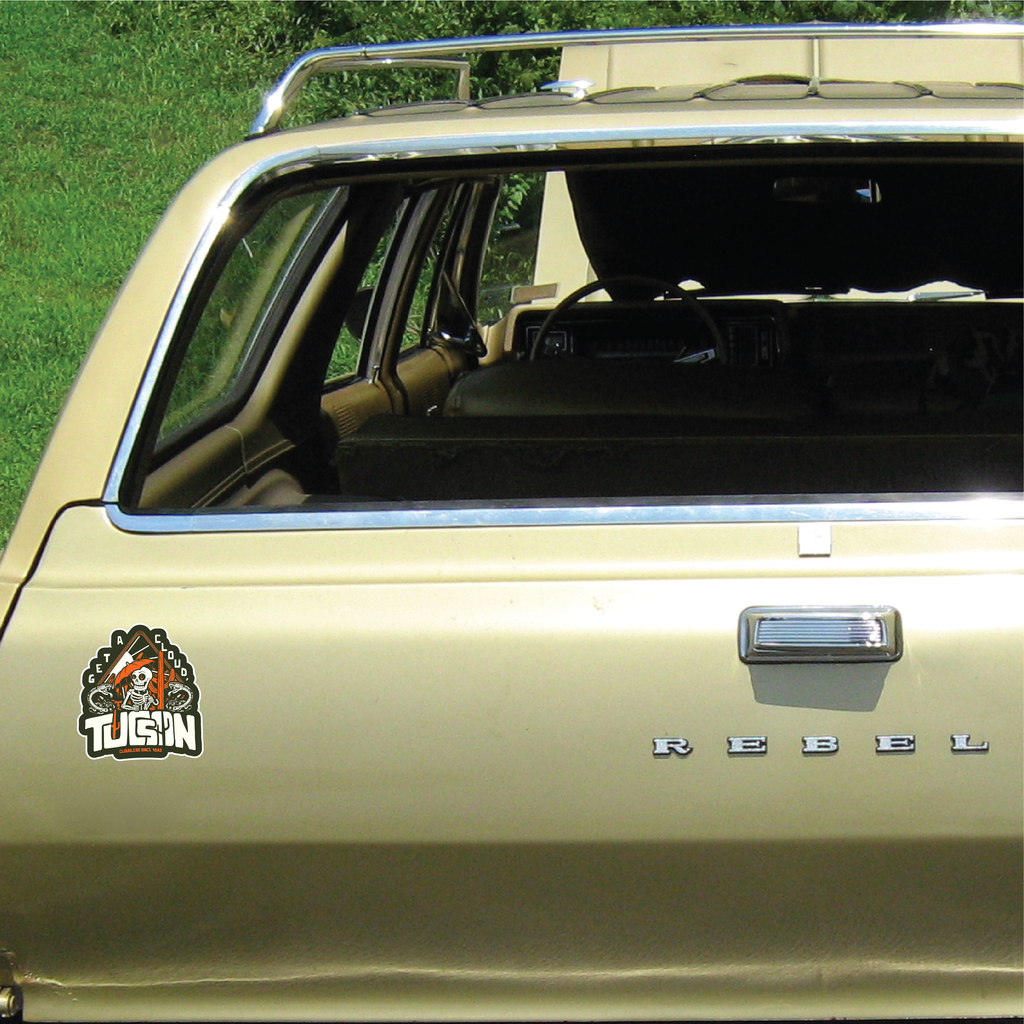 "Get A Cloud, Tucson" Arizona Desert Skeleton 5" Vinyl Sticker - Orange on Military Green" - Funny Cactus & Rattlesnake Die-Cut Decal