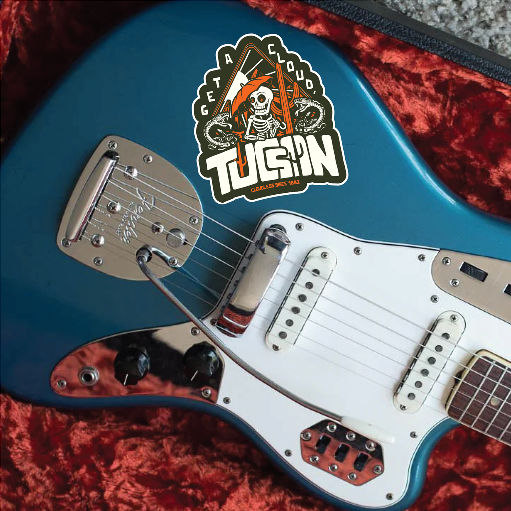 "Get A Cloud, Tucson" Arizona Desert Skeleton 5" Vinyl Sticker - Orange on Military Green" - Funny Cactus & Rattlesnake Die-Cut Decal