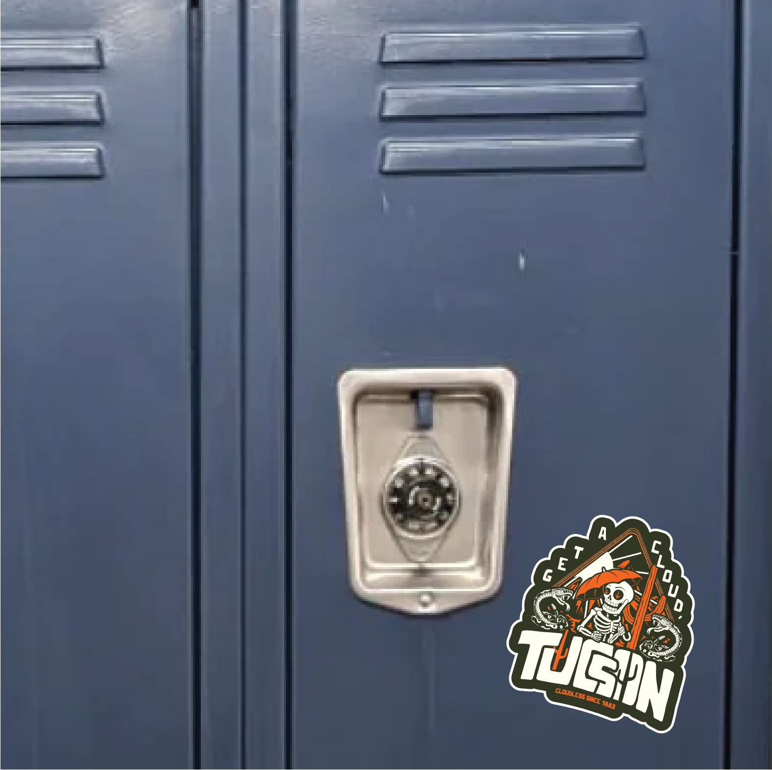 "Get A Cloud, Tucson" Arizona Desert Skeleton 5" Vinyl Sticker - Orange on Military Green" - Funny Cactus & Rattlesnake Die-Cut Decal