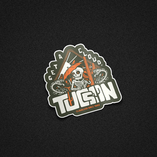 "Get A Cloud, Tucson" Arizona Desert Skeleton 5" Vinyl Sticker - Orange on Military Green" - Funny Cactus & Rattlesnake Die-Cut Decal