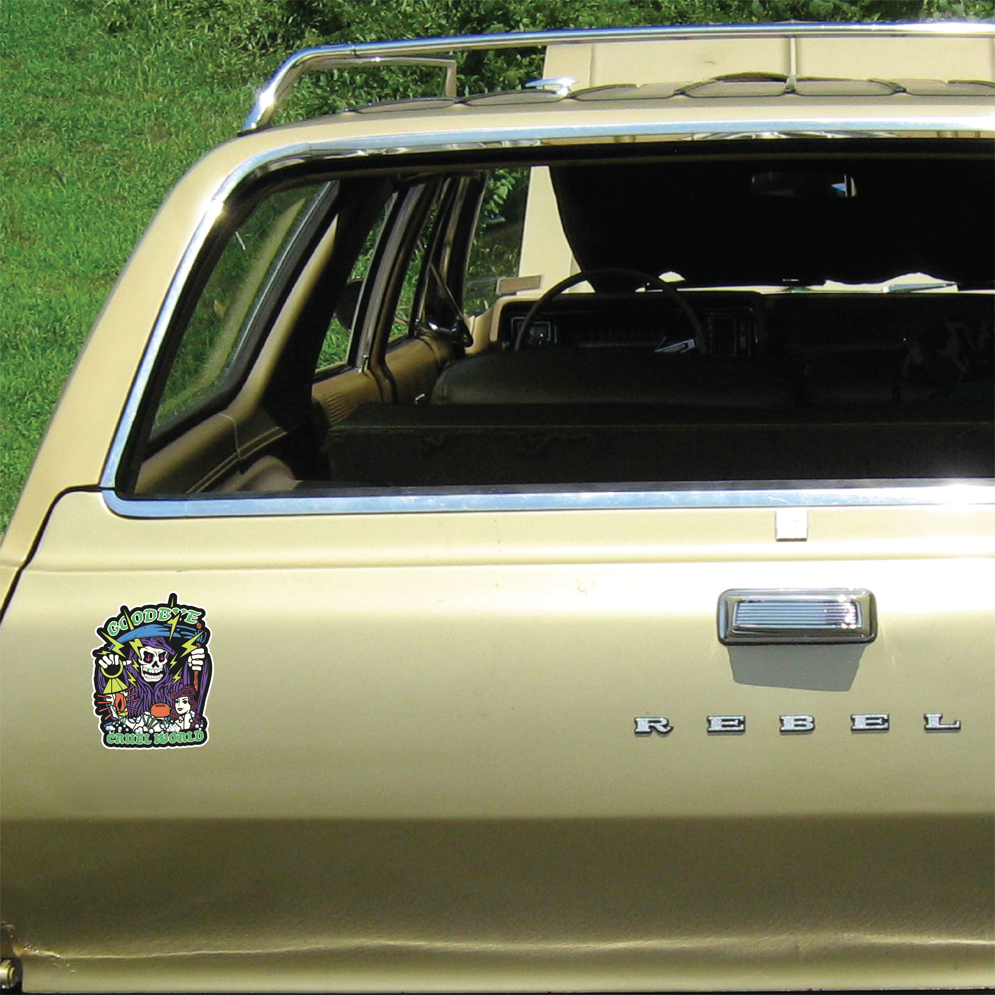 "Goodbye, Cruel World" Grim Reaper & Toaster Bath Vinyl Sticker - Funny Dark Humor Skeleton Die-Cut Decal