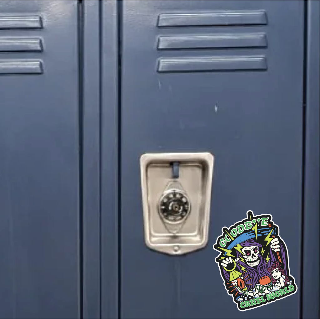 "Goodbye, Cruel World" Grim Reaper & Toaster Bath Vinyl Sticker - Funny Dark Humor Skeleton Die-Cut Decal