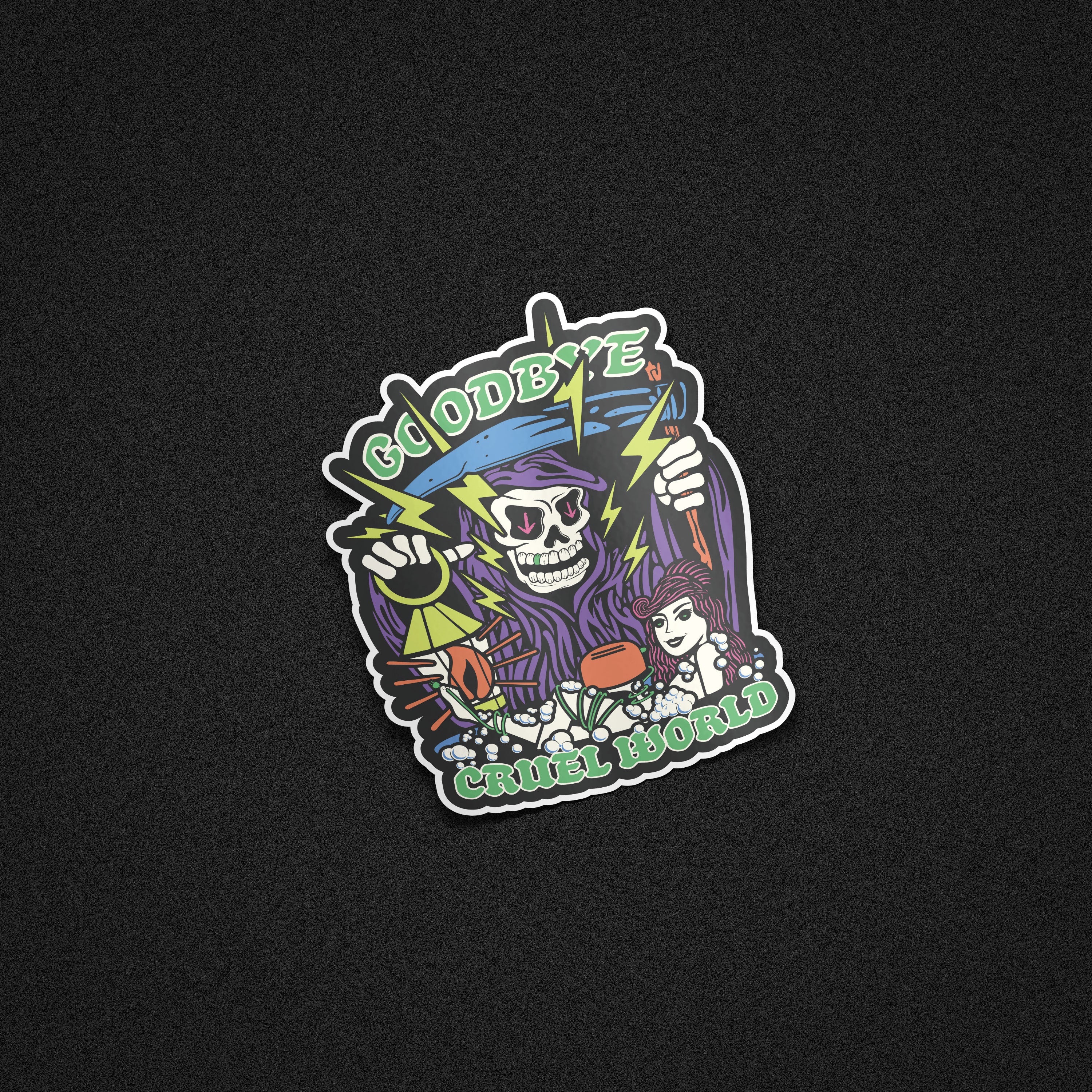 "Goodbye, Cruel World" Grim Reaper & Toaster Bath Vinyl Sticker - Funny Dark Humor Skeleton Die-Cut Decal
