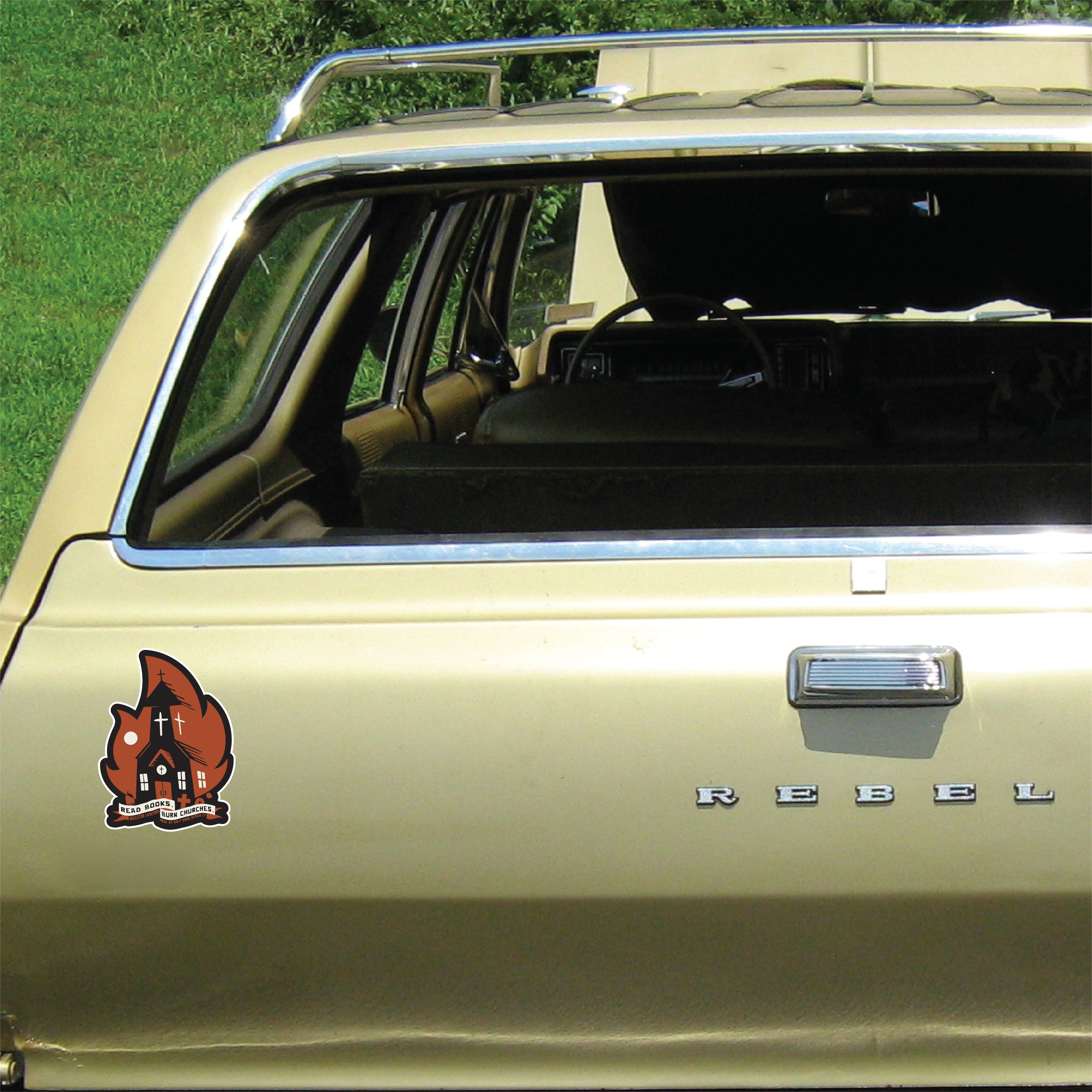"Read Books, Burn Churches" Gothic Vinyl Sticker - Edgy Metal Burning Church Subversive Die-Cut Decal