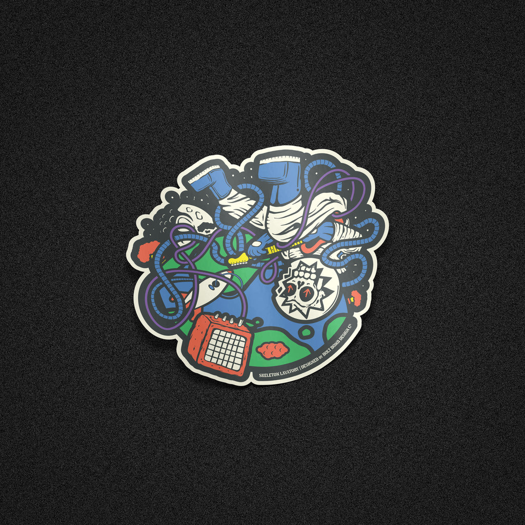 "Rock n' Roll Won't Save the World. Not This Time" Astronaut Skeleton Guitarist Vinyl Sticker - Trippy Space Rock & Amp Die-Cut Decal
