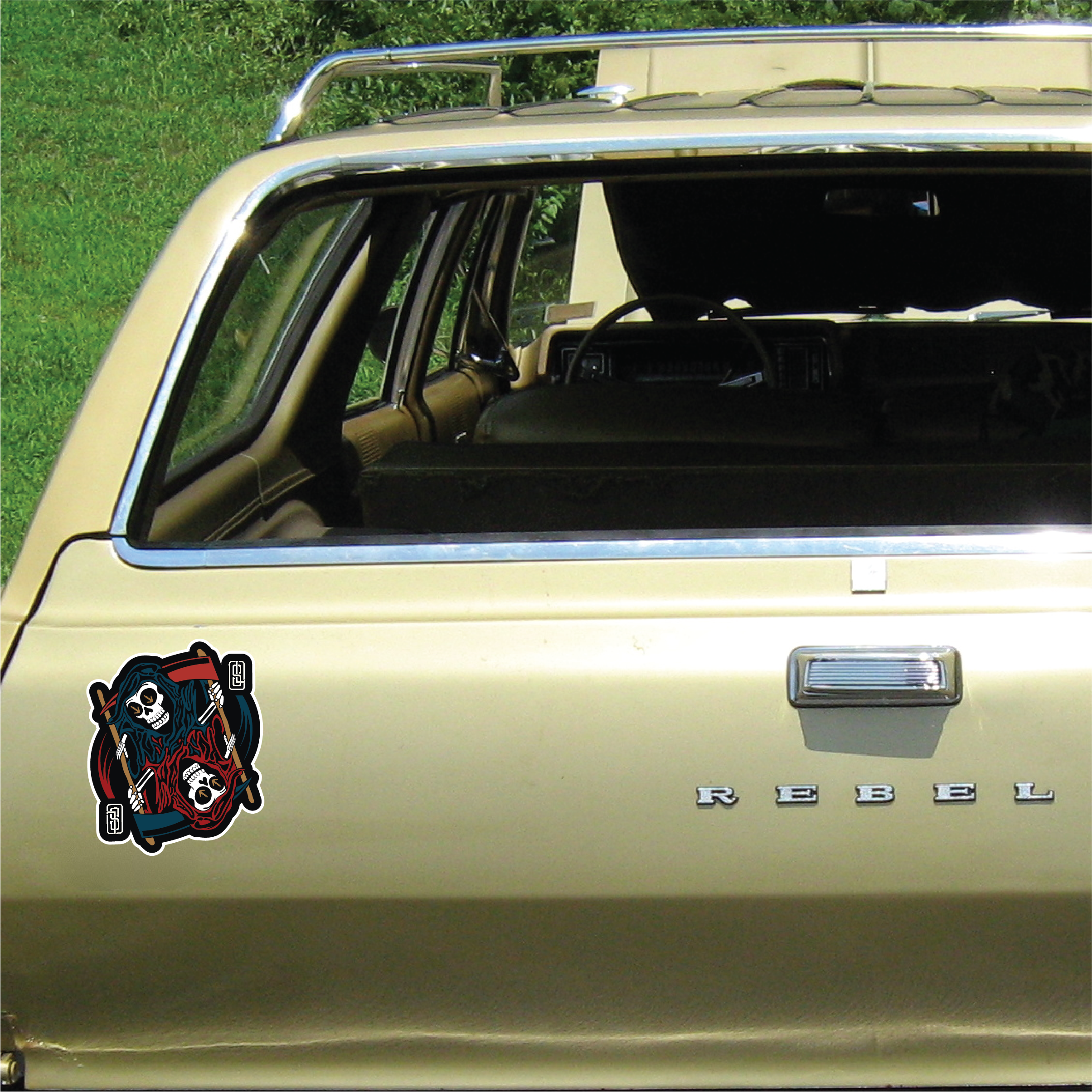 "Ouroboros" Mirrored Grim Reaper Playing Card Vinyl Sticker - Gothic Tattoo Flash Skeleton Die-Cut Decal