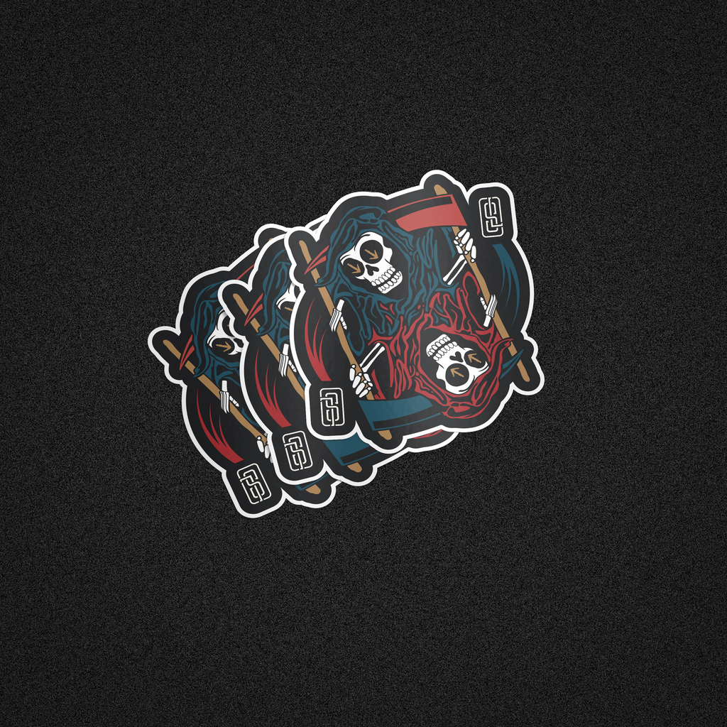 "Ouroboros" Mirrored Grim Reaper Playing Card Vinyl Sticker - Gothic Tattoo Flash Skeleton Die-Cut Decal