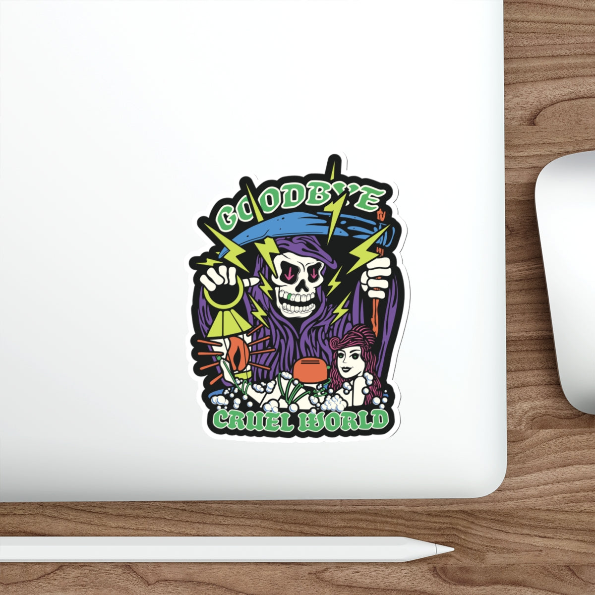 "Goodbye, Cruel World" Grim Reaper & Toaster Bath Vinyl Sticker - Funny Dark Humor Skeleton Die-Cut Decal