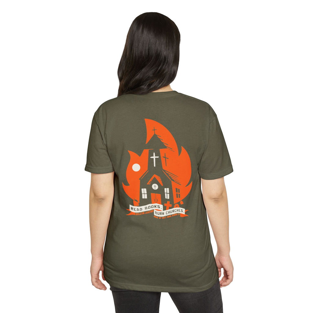 Read Books Burn Churches Graphic Tee | Vintage Metal Burning Church T-Shirt, Next Level 6210 Premium Top, Goth Punk Rock Streetwear