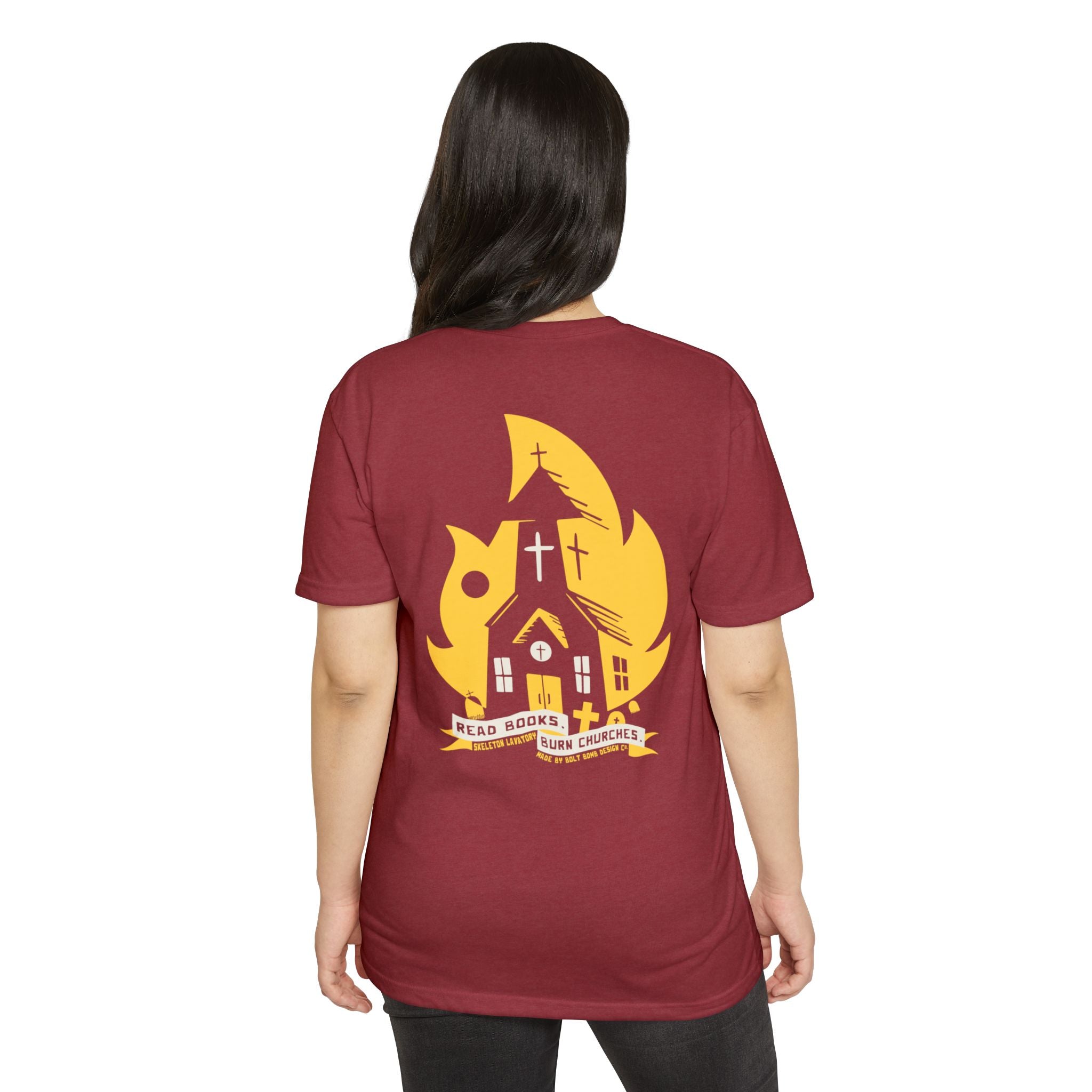 Read Books Burn Churches Graphic Tee | Vintage Metal Burning Church T-Shirt, Next Level 6210 Premium Top, Goth Punk Rock Streetwear