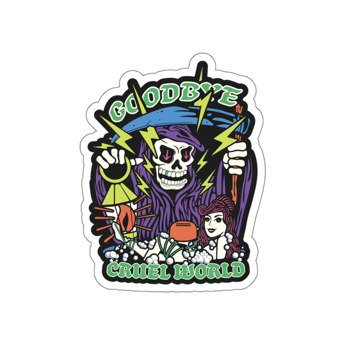 "Goodbye, Cruel World" Grim Reaper & Toaster Bath Vinyl Sticker - Funny Dark Humor Skeleton Die-Cut Decal