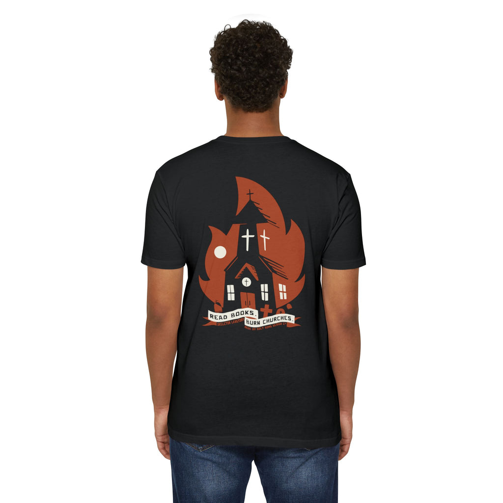 Read Books Burn Churches Graphic Tee | Vintage Metal Burning Church T-Shirt, Next Level 6210 Premium Top, Goth Punk Rock Streetwear