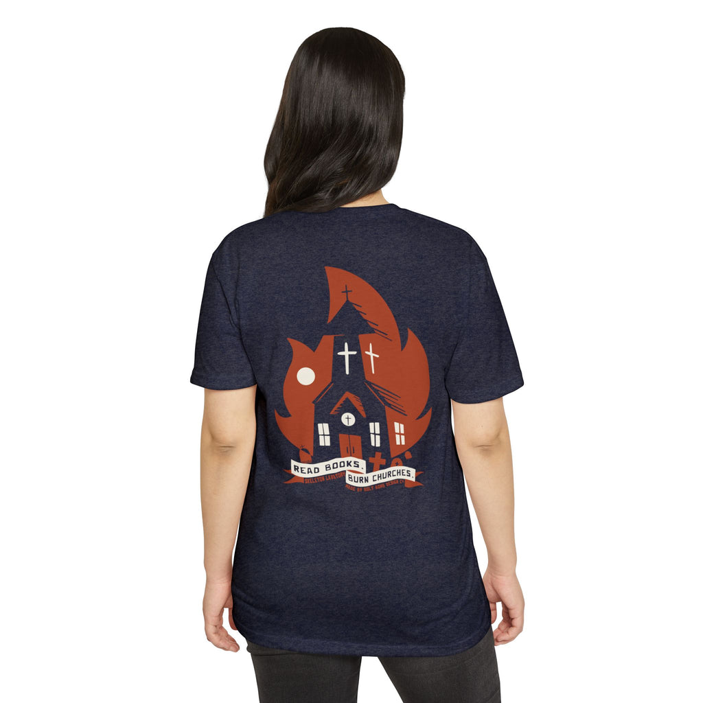 Read Books Burn Churches Graphic Tee | Vintage Metal Burning Church T-Shirt, Next Level 6210 Premium Top, Goth Punk Rock Streetwear