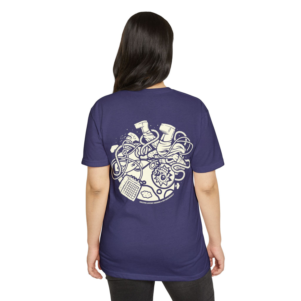 Rock n' Roll Won't Save The World | Retro Space Skeleton Graphic Tee | Next Level 6210 Premium CVC T-Shirt | Spooky Astronaut Aesthetic Heavyweight Streetwear Back Print Top